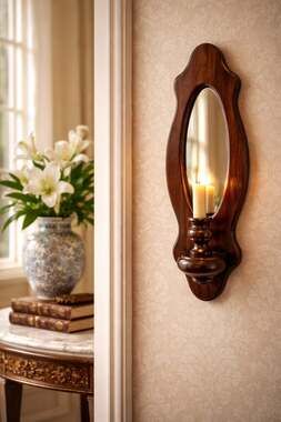 Vintage Dark Wood Wall Sconce Candle Holder with Mirror